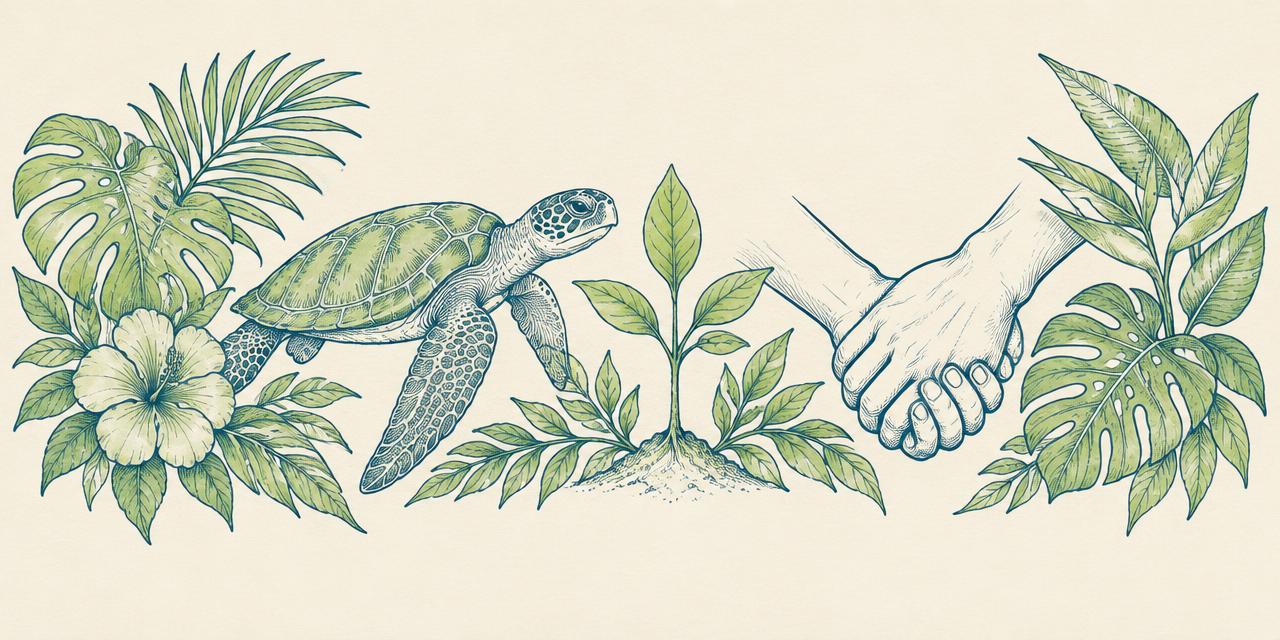 Ilustración de hojas, tortuga marina y manos unidas